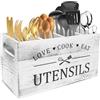 QINGLANG portautensili in legno rustico da cucina, organizer con 4 scomparti e fondo di drenaggio, organizer per posate, organizer per utensili da fattoria (colore del tronco)