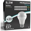 Eurocali 20 x Lampadine LED E27 8,5W Opaca 806 lumen - Forma: Goccia A60 - Luce Bianco Naturale 4000K - Fascio Luminoso 200°