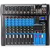 WAPHOERTE Consolle mixer professionale a 8 canali, mixer audio DJ dal vivo con USB e funzione Bluetooth, combinazione amplificatore mixer audio digitale stereo con alimentazione phantom da 48V compatibile per