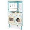 Janod, Cucina in Legno Trio - Compatta 3 Lati - Giocattolo Imitazione Cucina Ristorante - Stile Retrò - 5 Utensili in Metallo Inclusi - Vernice ad Acqua - dai 3 Anni, J06546, Blu, 52 x 28 cm x 90.5 cm