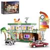 FUNWHOLE City Car-Motel - Set di mattoncini retrò con illuminazione, modello di auto e moto da viaggio, 1970 pezzi per adulti e adolescenti