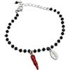 Handmade Bracciale Catena Acciaio e Cristalli Neri con Charm Madonna e Cornetto | Charm Madonna in Acciaio, Cornetto Rosso Portafortuna
