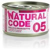 Generico Natural Code Umido Gatto Adult gusto POLLO e PROSCIUTTO, Numero 05, alimento completo in SFILACCETTI per gatti adulti di tutte le taglie, altamente digeribile | 12 scatolette da 85 grammi l'una.