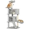 PawHut Tiragraffi per Gatti Alto 140 cm con 3 Pali Graffiatoi Grigio Chiaro | Albero per Gatti Multilivello, 2 Grotte, Cuccia, Amaca, 2 Pompon, Piattaforma, Scala, Torre per Gattini, Peluche