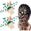 HINZIC 2 pettini per capelli da sposa, forcine per capelli con turchese verde smeraldo, foglie dorate, accessori per capelli da sposa, accessori per donne e ragazze, per feste, sposa, ballo di fine