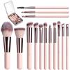 Generic Set di pennelli da trucco, set di pennelli da trucco, 14 pezzi, piccoli pennelli portatili, per donne - Set di pennelli da trucco con specchio a LED e custodia per gite e viaggi