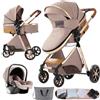 Magic ZC Passeggino Trio, Passeggino 3 in 1 con Doppia Modalità Push Reversibile, Trio Neonati con Grande Navicella, Carrozzina per Neonati in Alluminio Pieghevole (V9 Khaki)