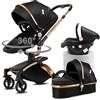 Reenborn Pelle PU Passeggino Trio, Passeggino 3 in 1 con Sedili Regolabili Rotanti 360°, Trio Neonati con Telaio Alluminio Paesaggistico Alto, Design Pieghevole in Un Clic (906 Black)