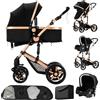 Dziranam Passeggino 3 in 1,passeggino reversibile,telaio triangolare e doppia sospensione a molla,chiusura con un clic per neonati e bambini piccoli(Nero e Oro)