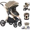 Shineey Passeggino trio,Carrellino per Bebè città 22kg con sedili,Passeggino pieghevole con vista alta,Buggy combinato pneumatici in gomma e vagone per bebè in alluminio (D2LIGHT BROWN, H2-D)