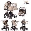 Kakbgee Passeggino 3 in 1 con Seggiolino Auto, Carrozzina Piegevole, 7-Altezza Regolabile, Sospensione 4 Ruote, Copripioggia e Zanzariera, Baby Stroller per Neonati 0-3 Anni (15kg), Beige-Kaki