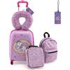 RELAX4LIFE Set di Valigietta per Bambini da 5 Pezzi con Valigia da 38 cm a Mano, Zaino da 33 cm, Cuscino per il Collo, Borsa Pranzo Isolata, Etichetta, Valigia con Ruote Rigide (ROSA)