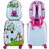 GYMAX Set di Valigia per Bambini, Trolley Bagaglio di 2 Pezzi a Mano Cavalcabile con Cinghia e Tracolla, Valigia Rigida con Ruote e Zaino, Regalo per Bambino e Bambina (12+16, Giungla)