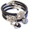 VENEZIA CLASSICA - Bracciale da Donna con perle in Vetro di Murano Originale e vera pelle Toscana a tre giri nero, con foglia in oro 24kt e argento, Made in Italy certificato (argentato)