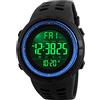 SKMEI Orologio sportivo digitale da uomo, impermeabile fino a 50 m, a LED, militare, multifunzione, cronometro, conto alla rovescia, data e allarme automatico, Nero-blu, Cronografo, digitale, orologio