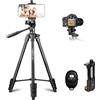 PHOPIK Phone Tripod 55 inches, Aluminum Travel/Camera/Mobile Phone Tripod with Carrying Bag with a Maximum Load of 6.6 pounds, Remote Shutter, Compatible with Smartphone & Tablet & Camera.
