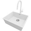 PRIMAGRAN Lavandino sottotop Bianco 56x47cm, Lavello in Granito a 1 vasca + Rubinetto 40x20cm + Sifone Classico, Lavabo da Cucina al Mobile 60cm - London S317
