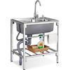 MiaJJooLi Lavello per Giardini/Ristoranti con rubinetto freddo e caldo - Acciaio Inox 304 con Scaffale di Stoccaggio,71x45x85cm