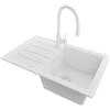 PRIMAGRAN Lavandino da Cucina Tutto Bianco 70x44cm, Lavello in Granito a 1 vasca + Rubinetto 38x14cm + Set di accessori, Lavabo da Cucina Incasso al Mobile 45cm - Copenhagen Easy S064