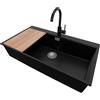 PRIMAGRAN Lavandino Angolare Nero 88x50cm, Lavello in Granito a 1 vasca + Rubinetto 32x20cm + Set di accessori, Lavabo da Cucina Incasso al Mobile 90cm - Oslo 90 Top S715