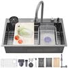 Ribanedy Lavello da cucina a cascata Ribanedy 66 x 50 cm, lavello da cucina in acciaio inossidabile grigio scuro, versatile lavello moderno a vasca singola con rubinetto a spruzzo estraibile e accessori