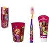 CARTOON Set accessori per la cura dell'igiene orale per bambini Principesse Disney 4 pezzi spazzolino manuale dentifricio bicchiere pochette