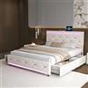 JDEFARF Letto Matrimoniale Imbottito con Luci a LED e USB 140x190 cm, Struttura Letto Matrimoniale con 4 Cassetti, in Velluto, Letto con Contenitore, Supporto a Doghe in Legno, Senza Materasso, Avorio