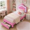 KSFASHZ Letto Bambina 90x200cm con illuminazione a LED, Letto Singolo Imbottito con cassetto,Testiera Regolabile e Rete a Doghe, PU rosa