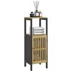 HOMCOM Mobiletto Bagno Salvaspazio con Ripiano Aperto e Armadietto con Ripiano Regolabile, Mobile da Bagno in MDF e Bambù, 32x30x90.5 cm, Nero e color Legno