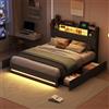 BSCFHCZ Letto alla Francese 140x200 con 4 Cassetti, Letto Imbottito in Lino Grigio con Luci LED e App, Testiera Portaoggetti con Ricarica USB/Type-C, Struttura Letto con Rete a Doghe (Senza Materasso)