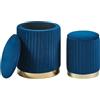 IlGruppone Set Di 2 Pouf Contenitore In Velluto Design Moderno Poggiapiedi,Sgabello Tondo con Coperchio Rimovibile e Seduta Imbottita Alta Densità Con Fascia In Metallo Capiente Storage Box - (Blu2)