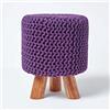 Homescapes Sgabello Maglia Piedi in Legno 32 x 32 x 42 cm, Cotone, Viola Scuro, 32 x 32 x 42 cm