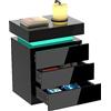 Rcynview Comodino lucido con luce LED RGB, 3 cassetti, nero comodino in legno, con chiusura a flip-top, per camera da letto, soggiorno(45 x 35 x 61 cm)