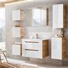 Lomadox Set da bagno 7 pezzi in bianco lucido con quercia Wotan Nb. LUTON-56 con armadietto a specchio LED, L/A/P circa 180/200/46 cm
