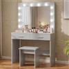 Jooli H Toeletta Trucco con 12 Luci LED Hollywood, Tavolo da Trucco Moderno con Specchio, Sgabello e 2 Cassetti, 80x40x140cm (Grigio)