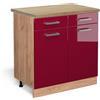 Vicco Mobiletto base per cucina R-Line, Rosso lucido, 80 cm, PL Rovere, per la libera combinazione all'interno di sistemi cucina modulari