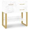Barberpub Comò con 2 cassetti, mobile bagno con armadio e scaffale aperto, struttura metallica, mobile complemento per salon di parrucchiere, armadio contenitore marmo-bianco-oro, 6678