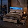 BSCFHCZ Letto Matrimoniale King Size 180x200 in Velluto con 4 Cassetti, Struttura Letto Imbottito XXL con Testiera Contenitore, LED e Ricarica USB/Type-C, Beige, Design di Lusso Salvaspazio, Nessun materasso