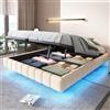 Dolamaní Letto matrimoniale imbottito 160 x 200 cm senza testiera, letto con vano portaoggetti, letto idraulico con illuminazione a LED, tessuto di lino, portata 250 kg (beige)