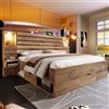 LinoraFurn Letto in legno matrimoniale 160x200 cm con faretti LED e USB Type-C, nicchia illuminata, comodini sospesi, spazio di archiviazione sotto il letto con cassetti, finitura in quercia, senza