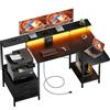 SOLAVERO Scrivania Angolare con Piano Pieghevole, 140cm Scrivania Gaming a l con Prese & USB-C, Tavolo Computer con Cassetti in Tessuto, Tavolo Ufficio con Supporto per Monitor, Nero