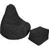 Loft 25 Pouf per adulti con schienale alto, in tessuto di velluto a coste, per interni e salotto, per giochi e giochi, fodera interna, design ergonomico supporto del corpo (pouf + poggiapiedi, nero)