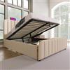 SUKY Letto imbottito doppio, funzione di ricarica USB di tipo C, testiera imbottita con strisce decorative dorate e materiale di lino, letto con cuscinetti idraulici (beige/senza materasso, 160 x 200