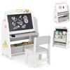 RELAX4LIFE Set Tavolo e Sedie per Bambini a Tema Volpe in HDPE, Tavolino Attività Multifunzione con Lavagnetta Cancellabile, Scaffale, 2 Contenitori in Tessuto, Gomma e Gessetti, 79x49x49cm (Grigio)