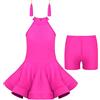 Oyolan Bambina Ragazza Abito da Ballo Latino Completo da Ballo Salsa Rumba Cha Cha Abito + Pantaloncini + Orecchini per Spettacolo Competizione Abbigliamento da Ballo 5-14 Anni, Rosa, 7-8 Anni