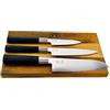 Palatina Werkstatt Kai Wasabi Black - Set di coltelli Santoku pratico 16,5 cm, coltello da ufficio 10 cm, coltello multiuso 15 cm + tagliere in rovere 30 x 20 cm