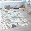 Paco Home Tappeto Bambini Cameretta Pastello Bambino Bambina Auto Crema Grigio Petrolio Giallo Strada Casa Antracite, Dimensione:80x150 cm