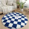 Lifup Tappeto Shaggy a Scacchi, Tappeto Rotondo Peloso Soggiorno, Antiscivolo Lavabile Morbido e Spesso per Camera da Letto, Cameretta Blu e bianco 140 x 140 cm