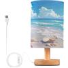 BOESI Lampada da tavolo con motivo graffiti mare e conchiglie, lampada da comodino con base in legno e cavo USB per camera da letto, soggiorno