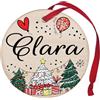 Corredino Neonato Pallina di Natale Personalizzata con Nome Clara, cerchetto piatto per Decorazione Natalizia con Nastro Rosso - made in Italy - Addobbo Albero diametro 8 cm in Legno, nome Clara